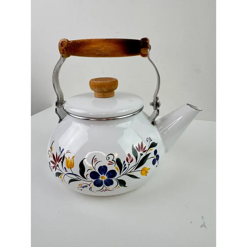 Vintage Master Cuisine Kettle White Tea Pot Floral Stainless Steel Wooden Handle